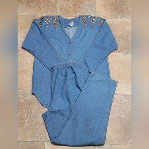 Bingo! Bingo! Vintage Embellished Chambray Shirt & Pant Set Women's Size 11/12